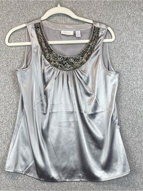 Chico's Sleeveless Top Satin Tank Blouse Size 0 (S) Silver Party Sparkle
